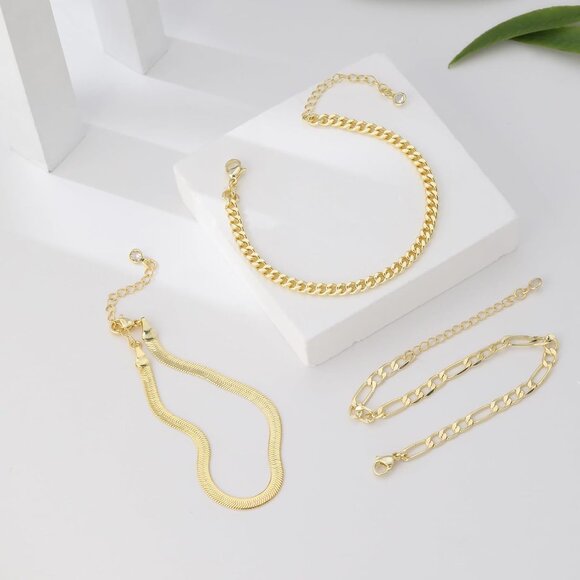 Gold Bracelet Set for Women Layered Chain Link Herringbone Adjustable Jewelry - Picture 5 of 7